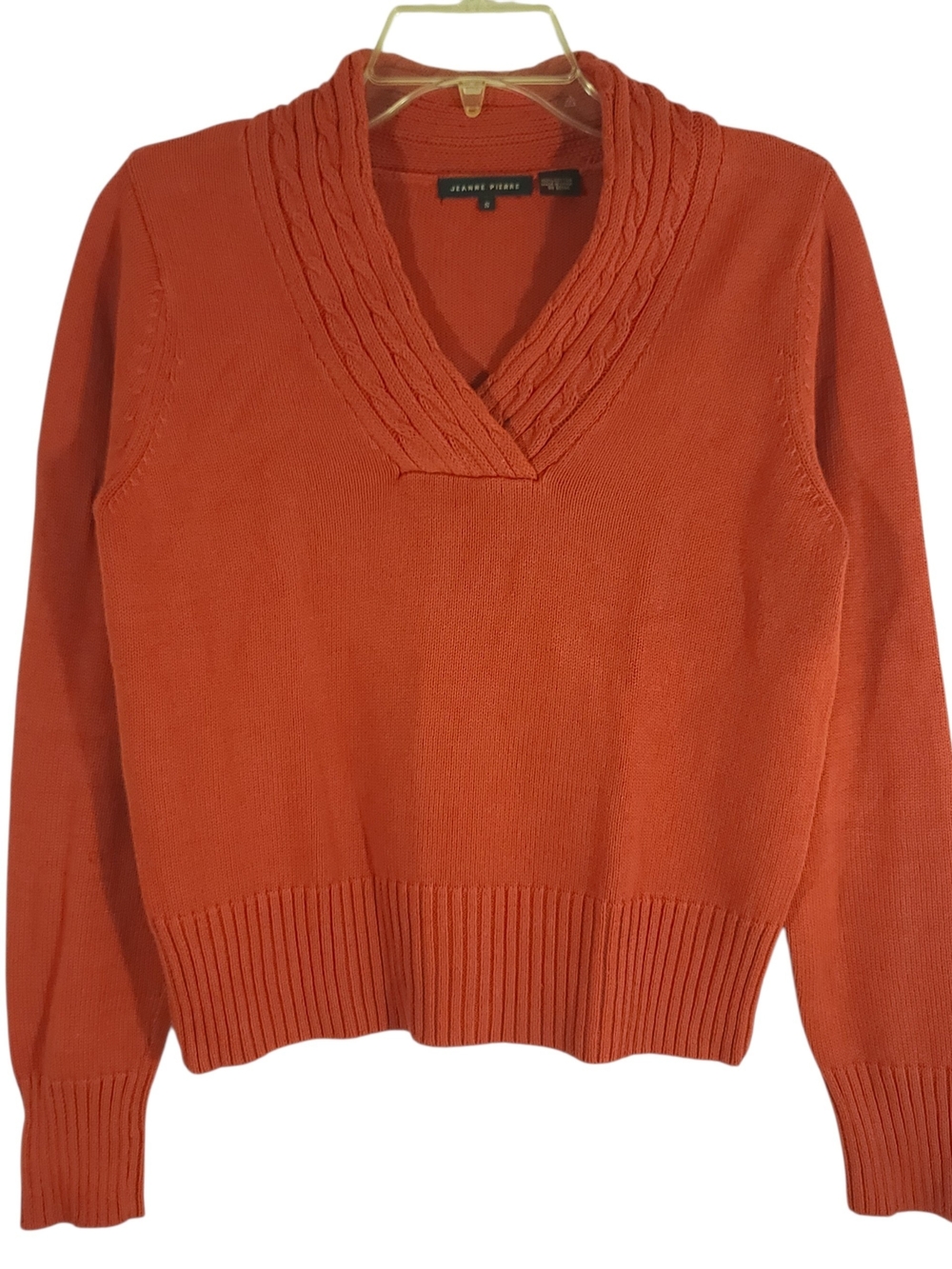 Jeanne Pierre Cable Knit Border V-Neck Pullover Sweater Orange Size Small